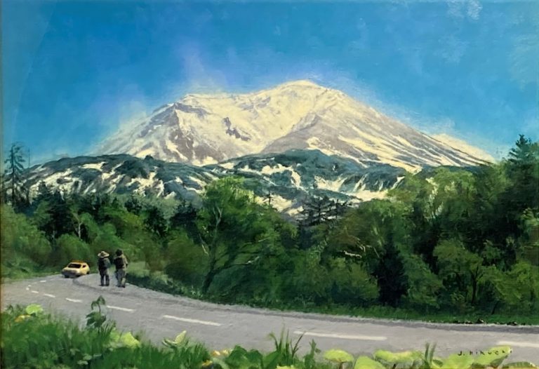 山の絵 菊池潤子『新緑萌える旭岳』